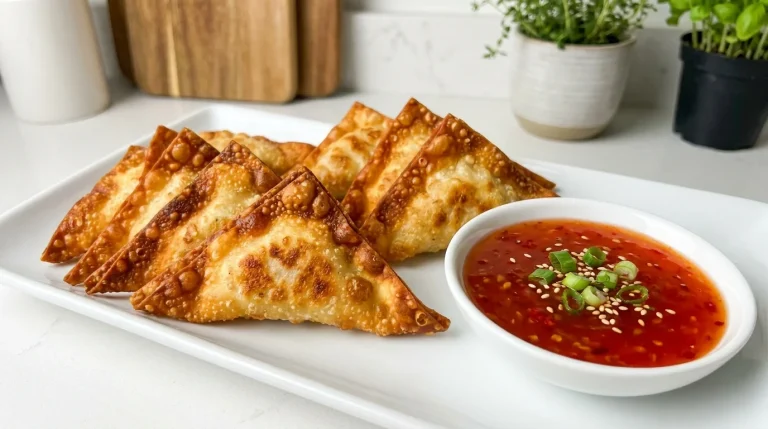 Crispy cream cheese shrimp wontons golden and perfectly fried, served with sweet chili sauce