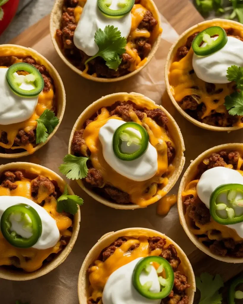 Crispy taco cups filled with seasoned beef and melted cheese.