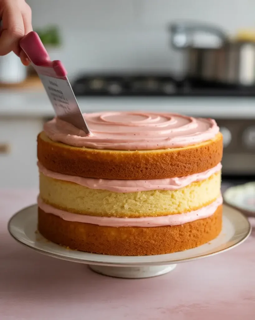 Crumb-coated strawberry drip cake on a turntable before the final frosting layer
