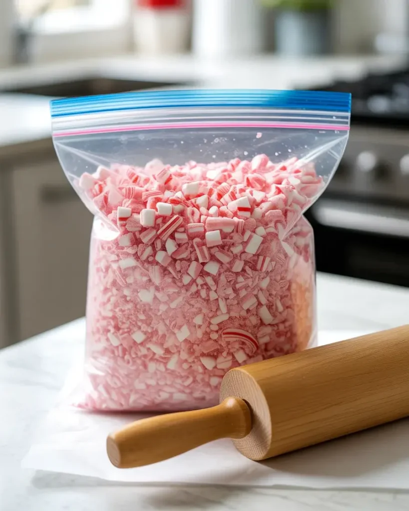 Crushed candy canes showing the ideal mix of fine and chunky pieces