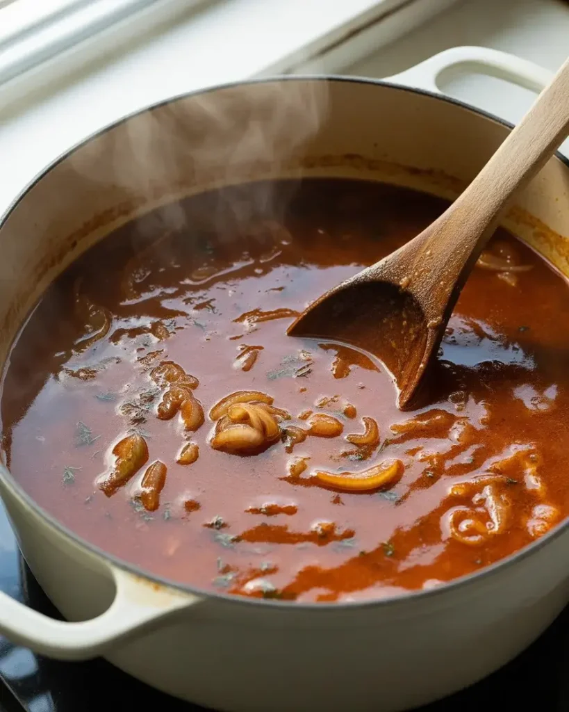 Crushed tomatoes and broth combining into a deeply colored, herb-spiced soup base