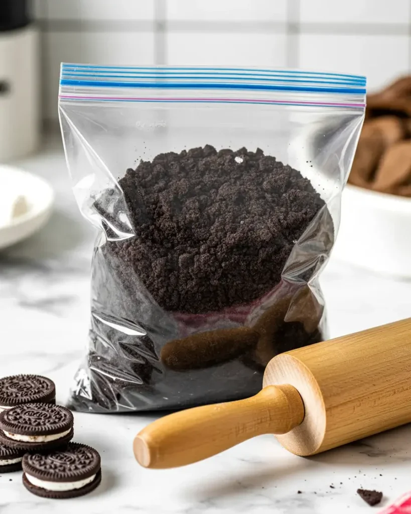 Crushing Oreos into fine crumbs using a rolling pin for the perfect base texture