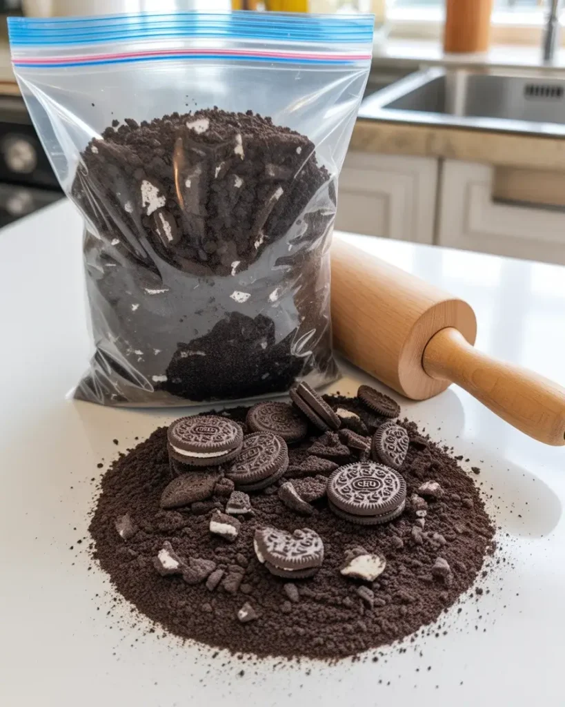 Crushing Oreos to a mix of crumbs and chunks for the perfect dirt texture