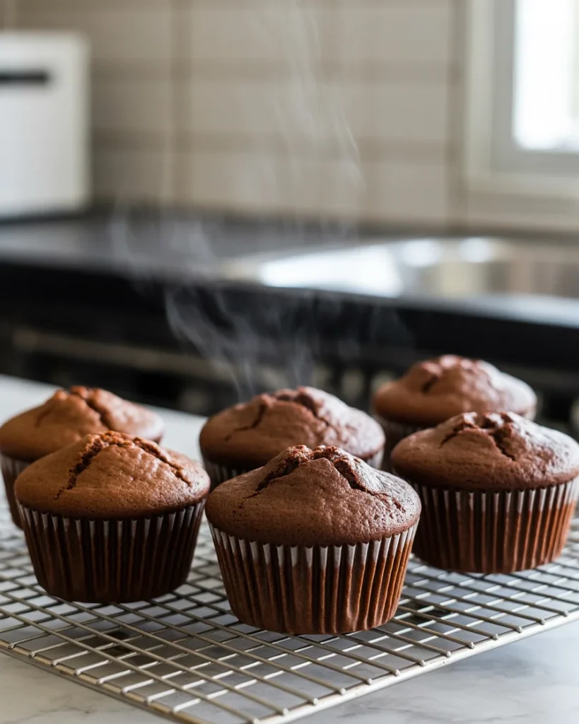 Cupcakes cooling on a wire rack before decorating