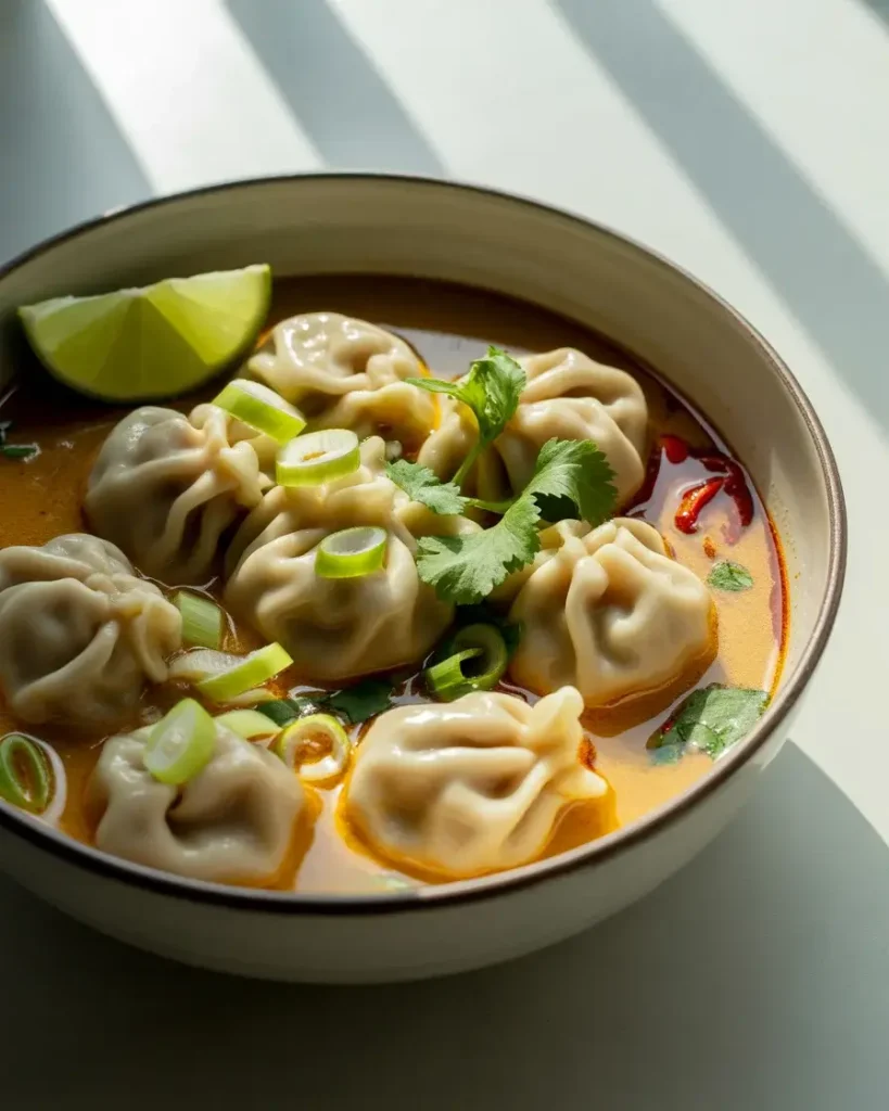 Curry dumpling soup garnished with scallions, chili oil, and cilantro for a bold finish