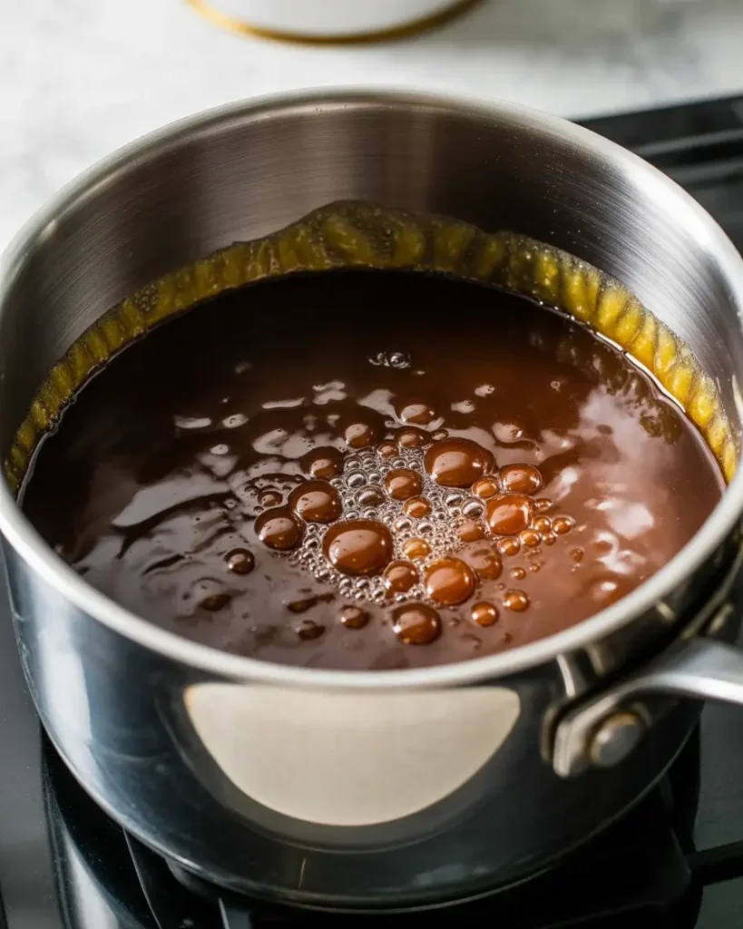 Dark brown sugar caramel bubbling in a saucepan for exactly 3 minutes