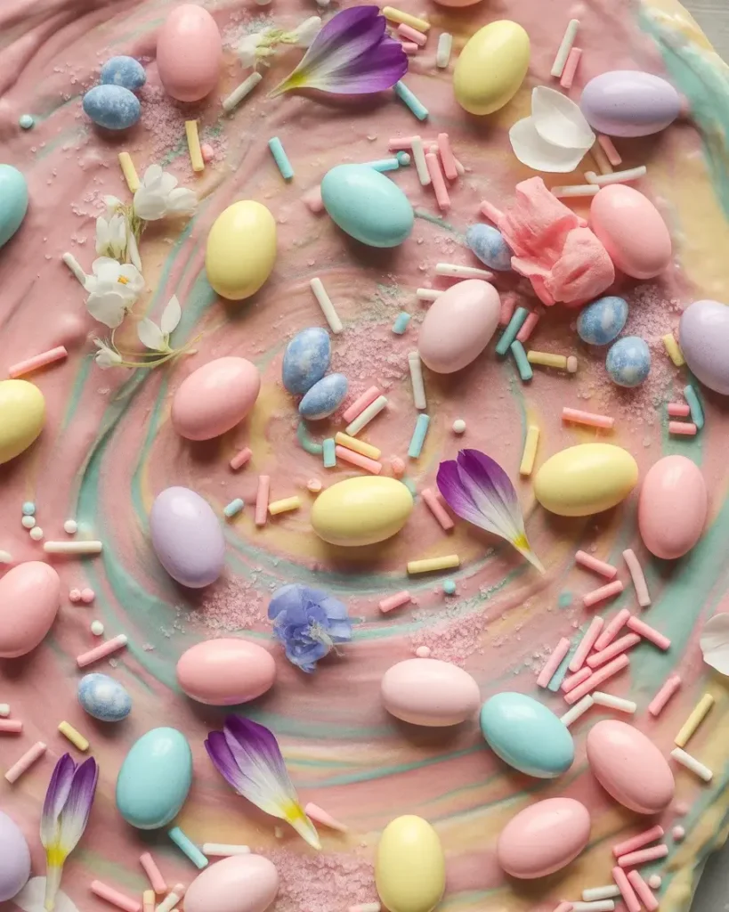 Decorating spring toffee with pastel sprinkles, candy eggs, and edible flowers
