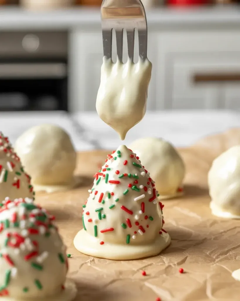 Decorating truffles immediately after dipping ensures sprinkles stick to the coating