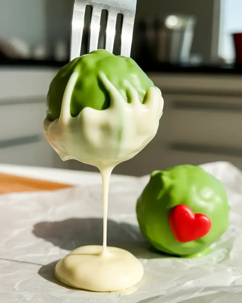 Dipping green Oreo balls in white chocolate and adding the signature red heart detail