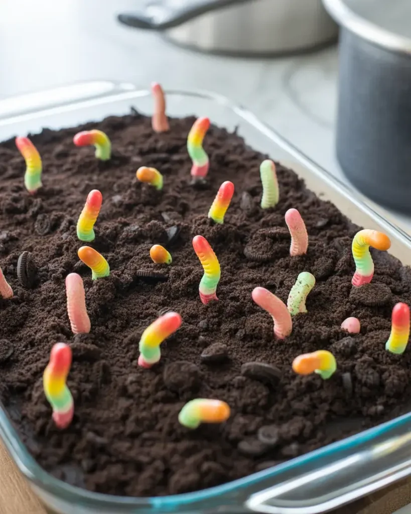 Dirt cake casserole topped with crushed Oreos and gummy worms for the classic look