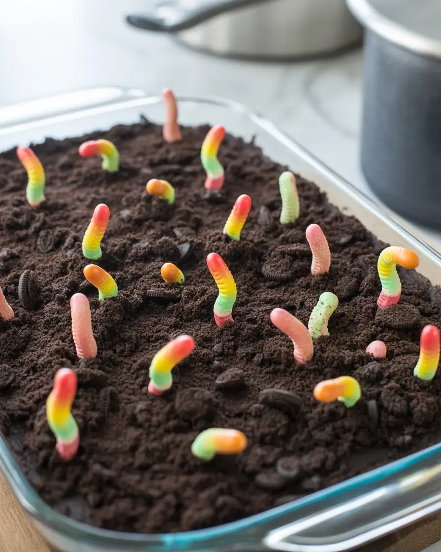Dirt cake casserole topped with crushed Oreos and gummy worms for the classic look