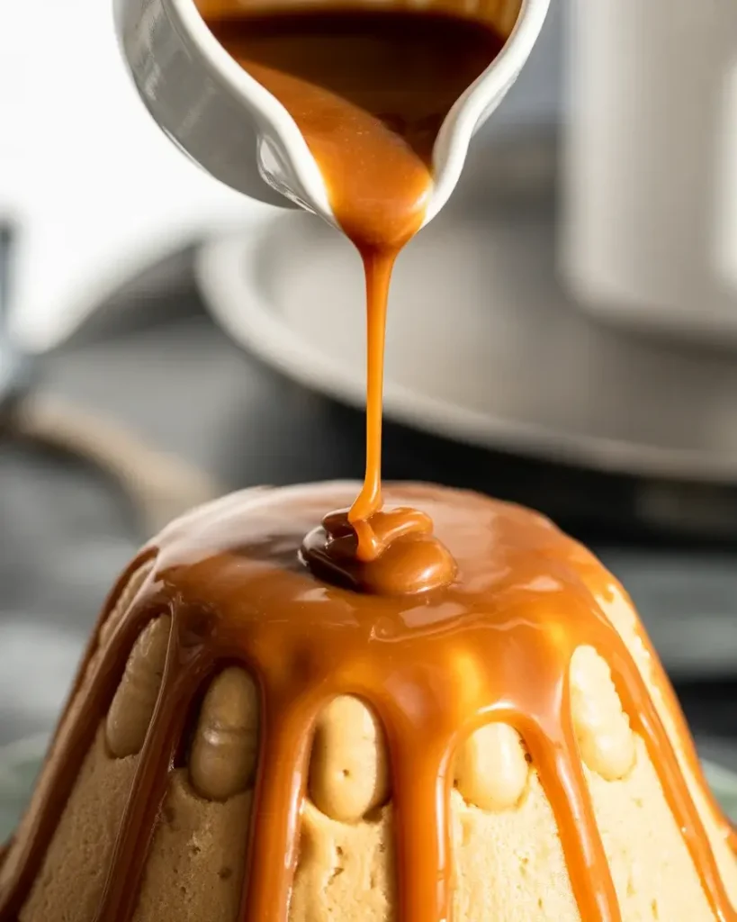 Drizzling warm caramel sauce over frozen ice cream domes for a glossy lacquered finish