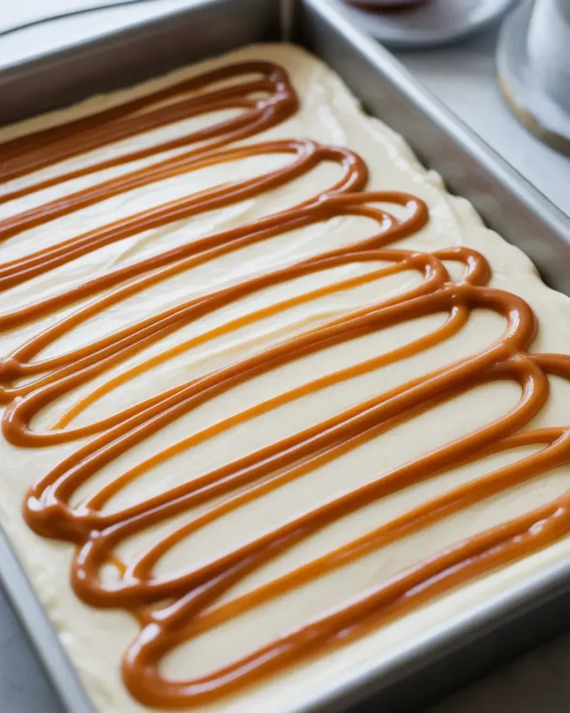 Dulce de leche swirled into cream cheese filling in ribbon patterns before baking