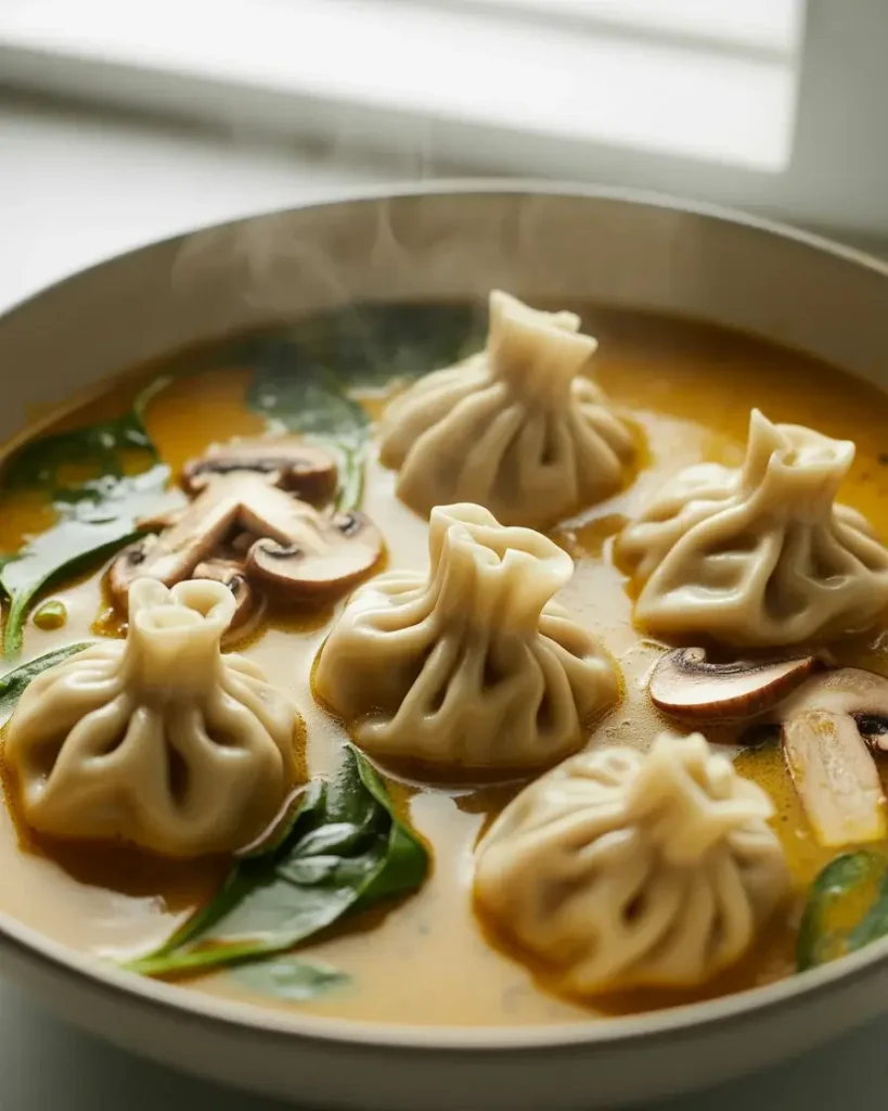 Dumplings floating in curry broth, a sign they are perfectly cooked through
