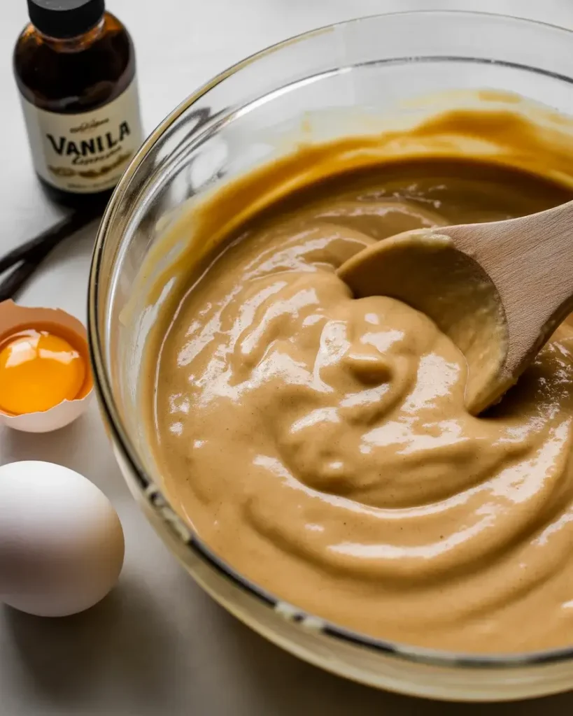 Egg and vanilla folded into creamed butter for a glossy, smooth batter