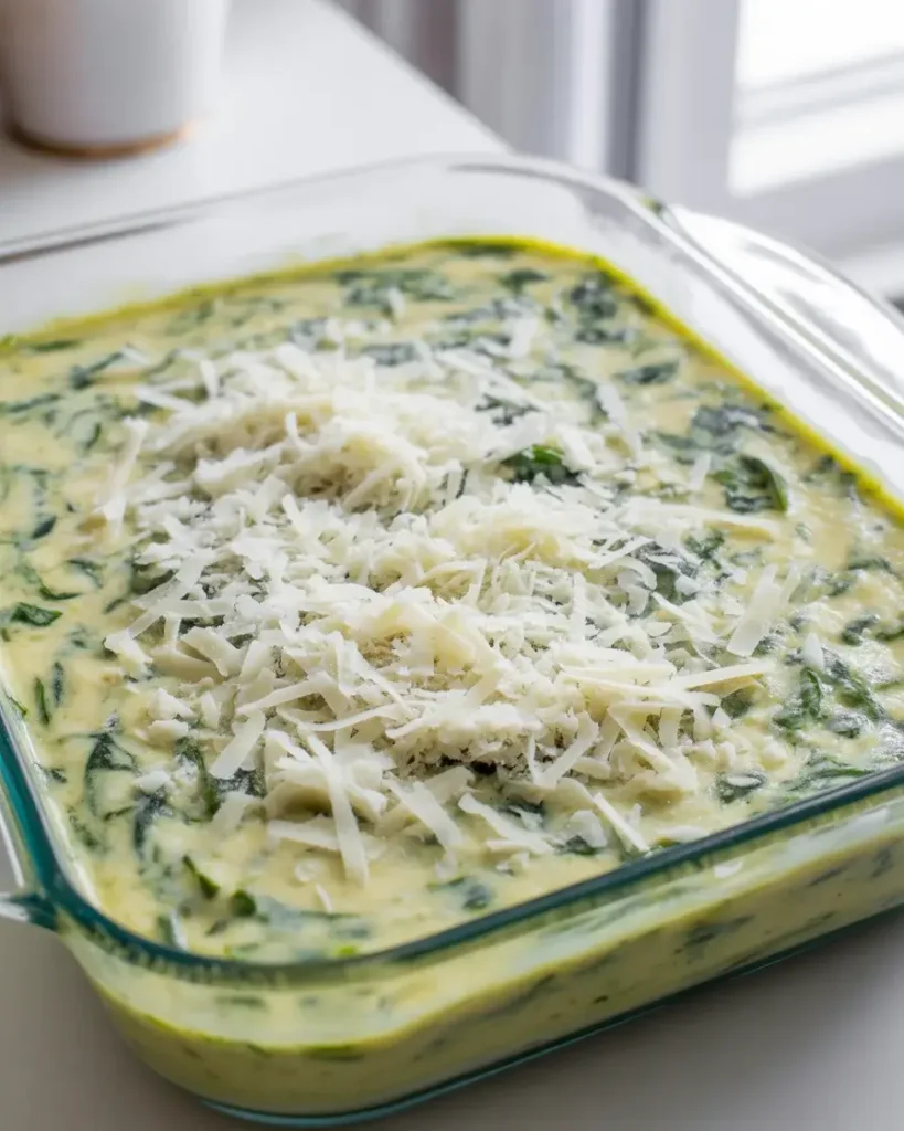 Egg bar mixture spread in baking dish and topped with parmesan before baking