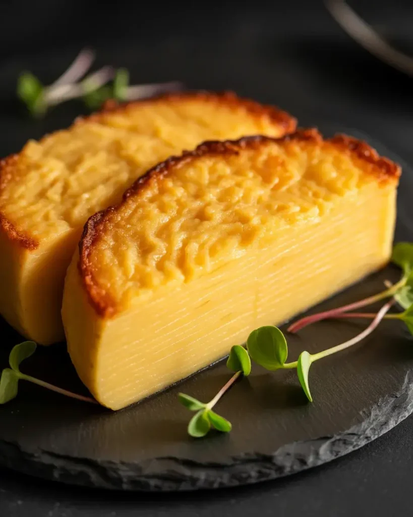 Elegantly sliced potato pavé with a perfectly golden, crispy crust.