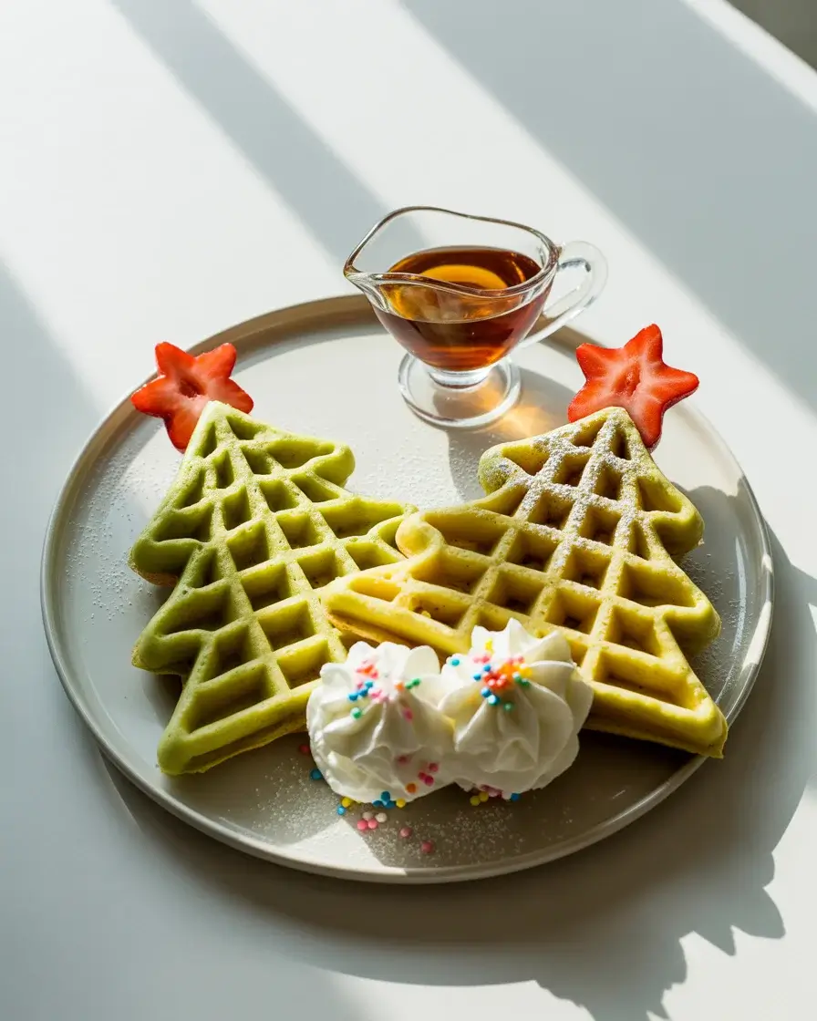 Festive Christmas tree waffles dusted with powdered sugar and topped with whipped cream stars