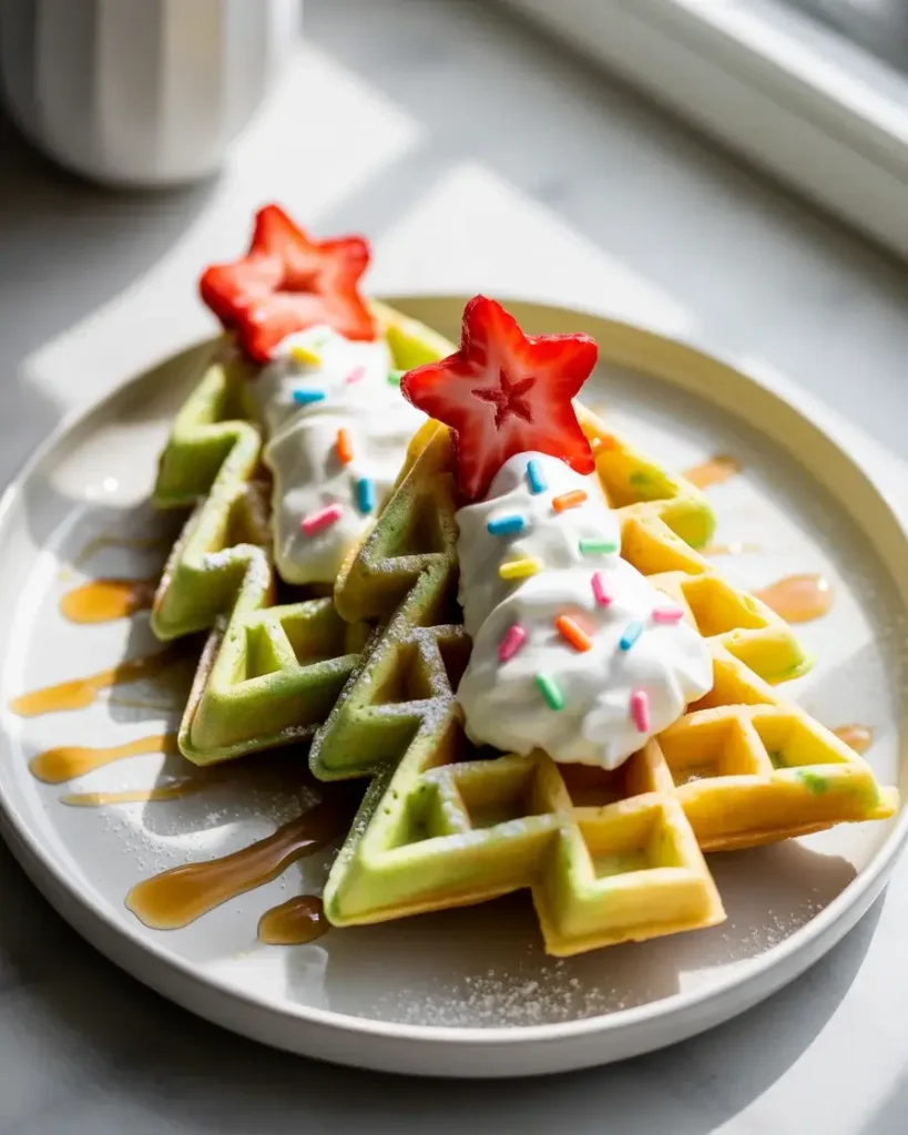 Festive Christmas tree waffles topped with powdered sugar, whipped cream, and a strawberry star