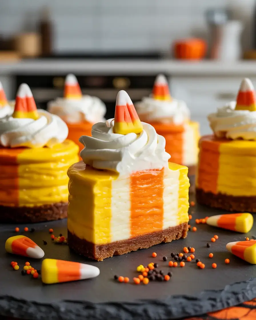 Festive candy corn cheesecakes with layered filling and whipped cream, perfect for Halloween parties