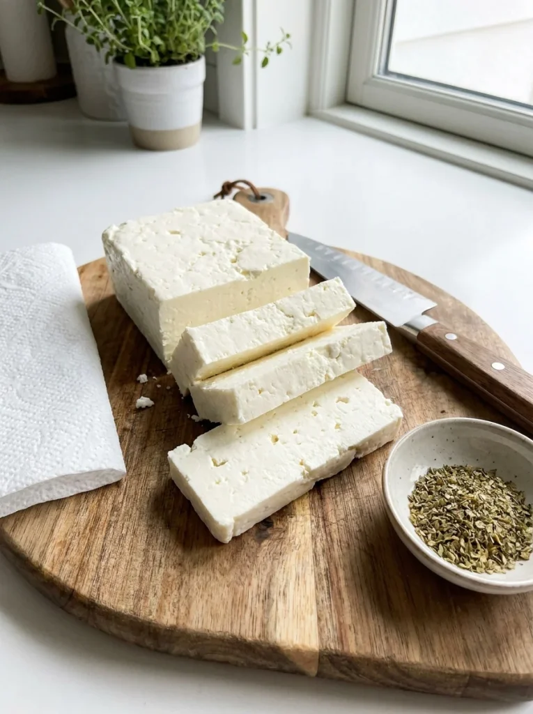 Feta cut into thick slabs and patted dry before wrapping