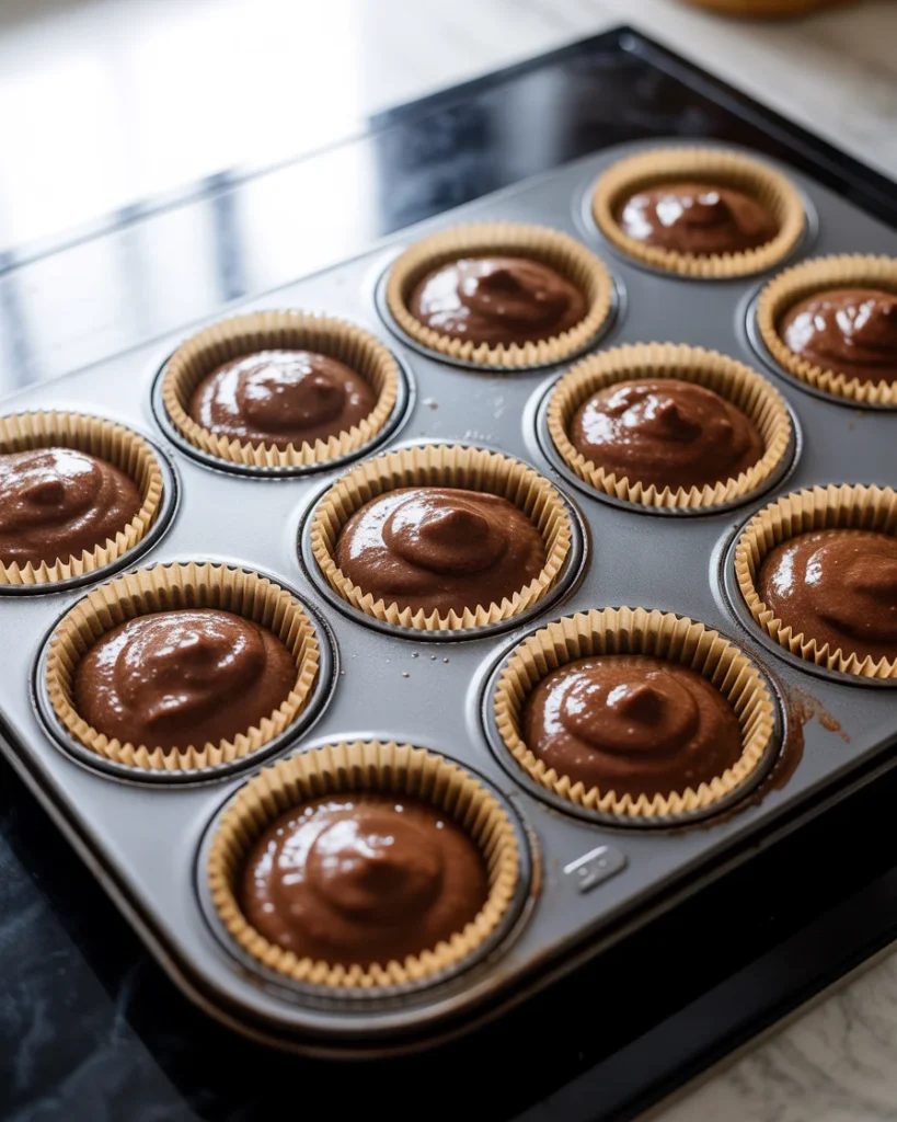 Filled cupcake liners ready for the oven at 350°F