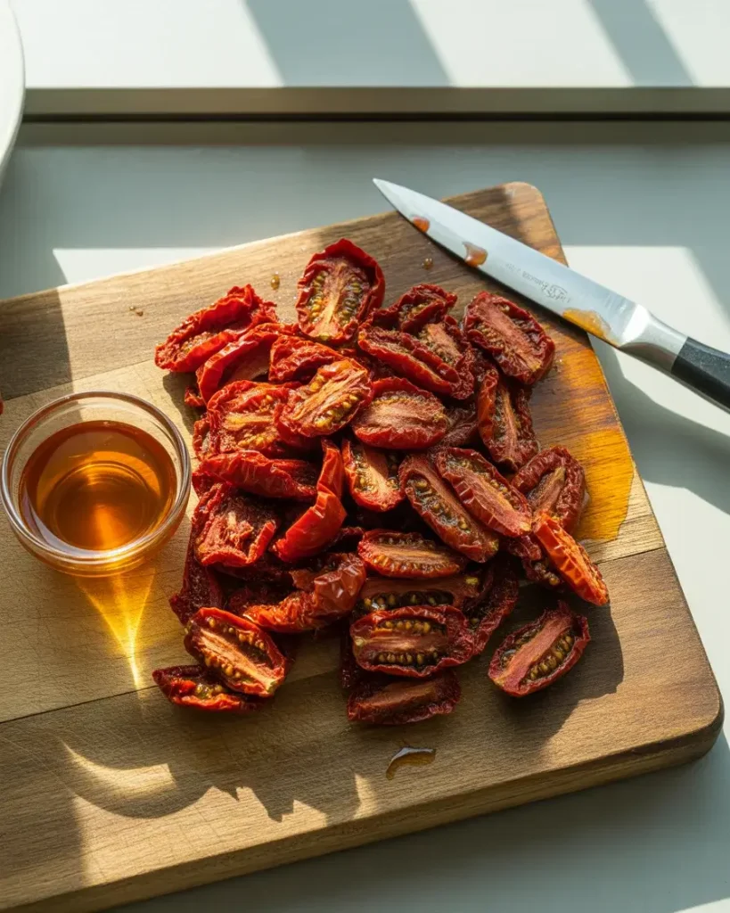 Finely chopped oil-packed sun dried tomatoes ready for bruschetta topping