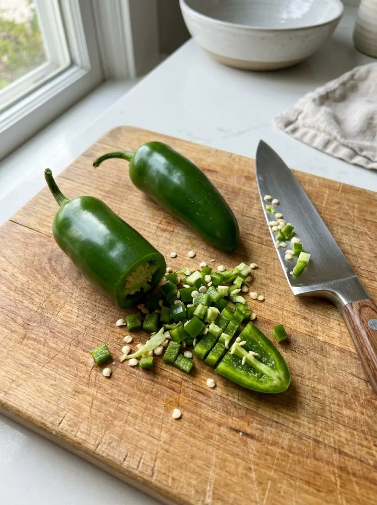 Finely dicing fresh jalapenos with seeds removed for balanced heat