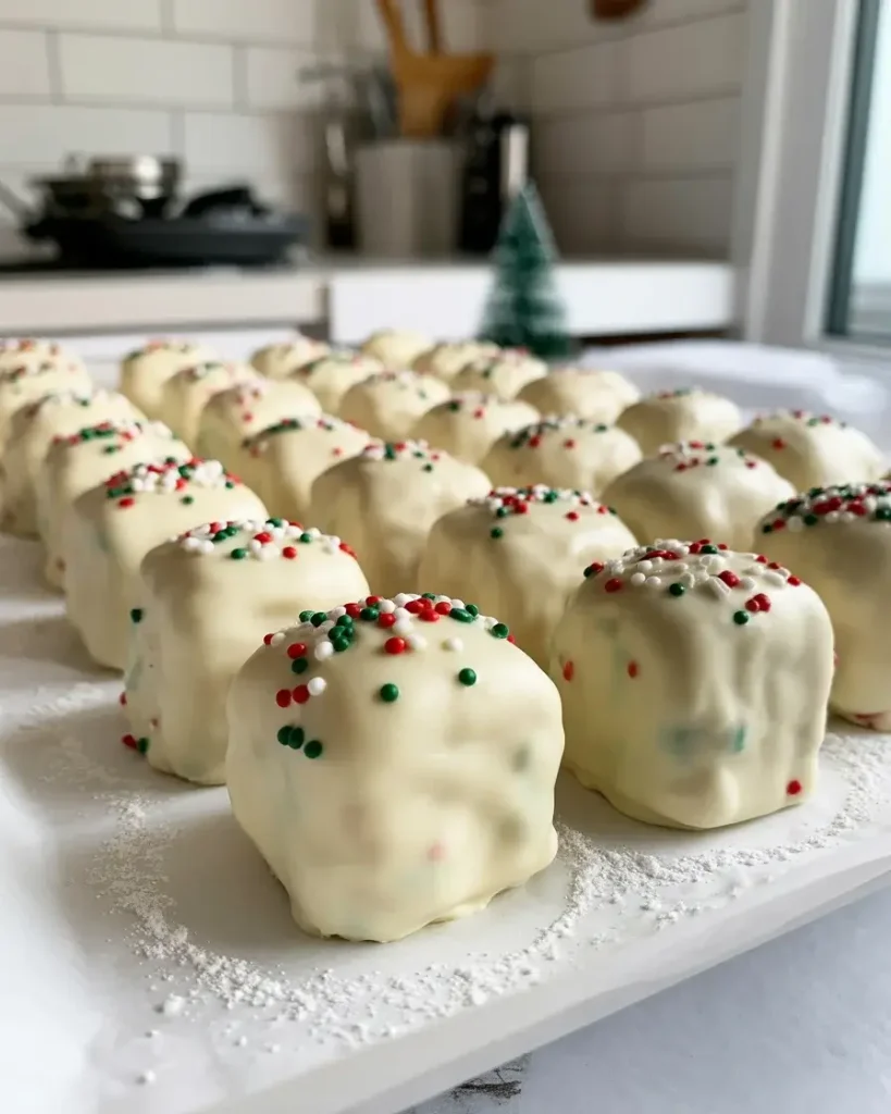 Finished Christmas Tree Cake truffles set on a holiday platter, ready to serve or gift