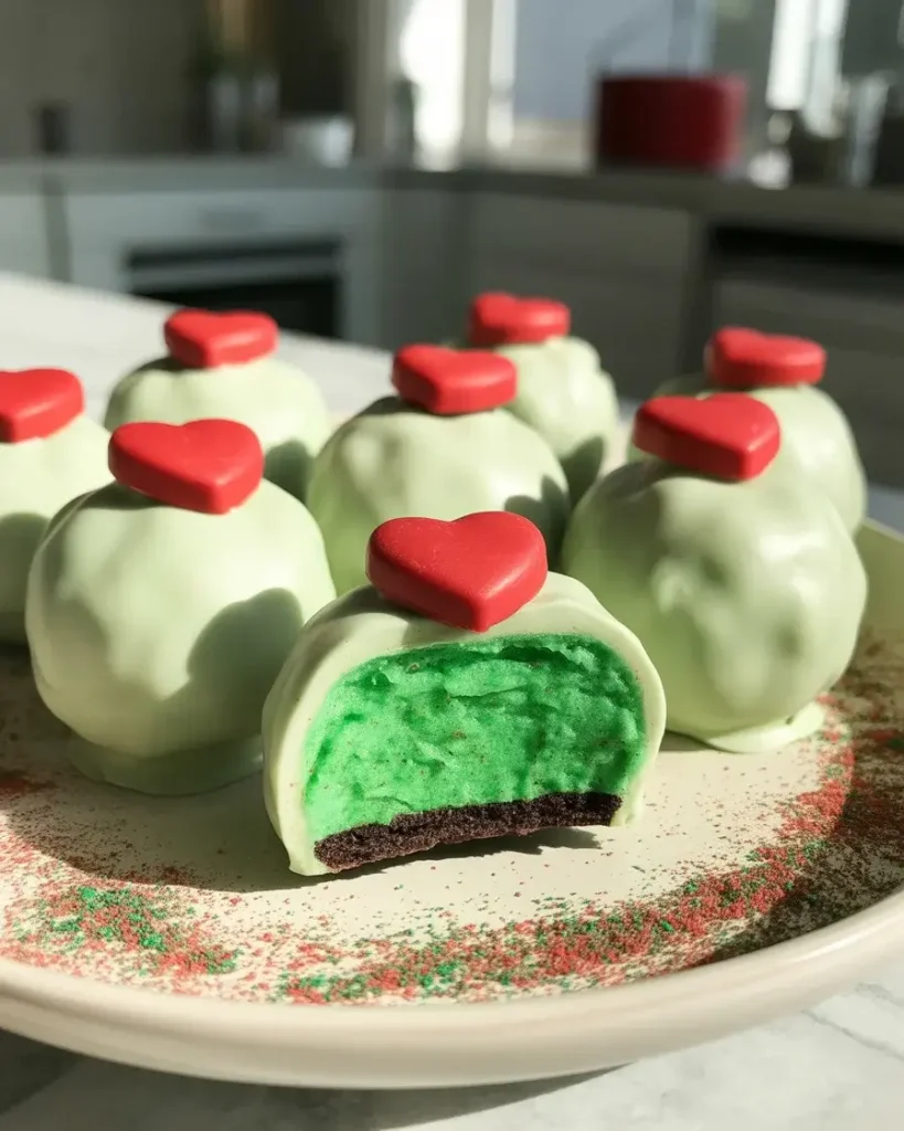 Finished Grinch Oreo Delights with white chocolate coating and the red heart on top