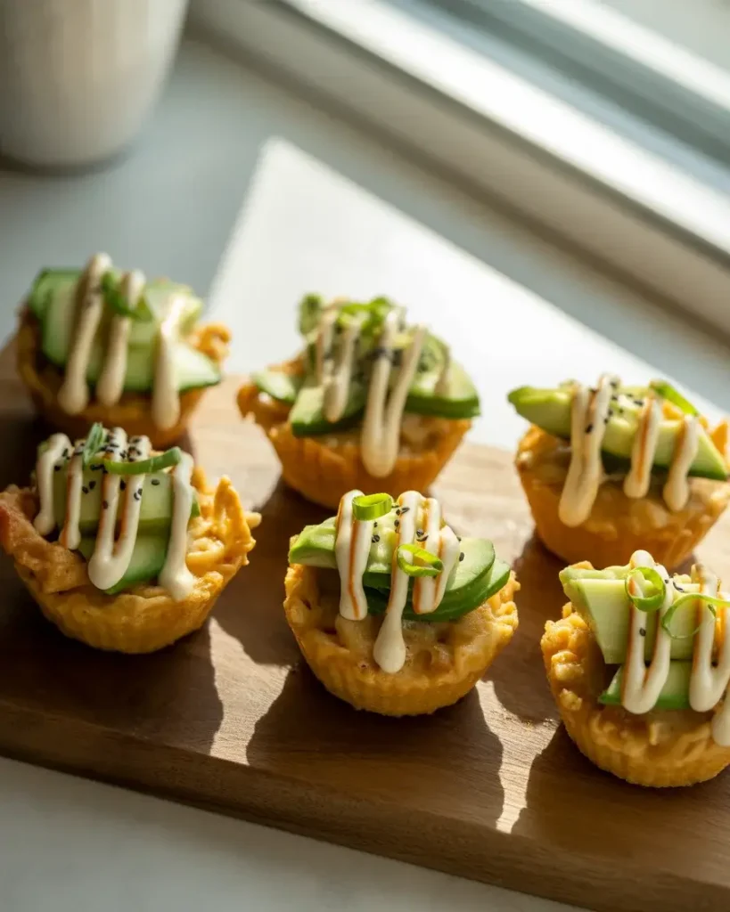 Finished baked sushi cups garnished with avocado, spicy mayo drizzle, and sesame seeds