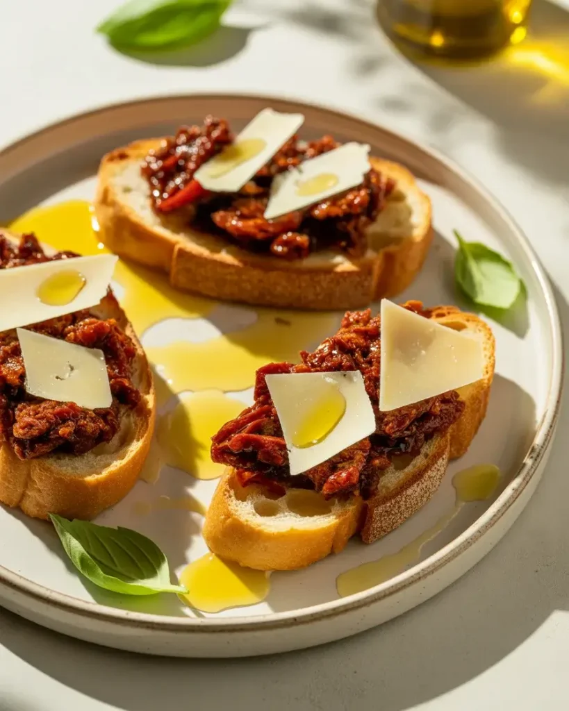 Finished bruschetta topped with Parmesan and a drizzle of sun dried tomato oil