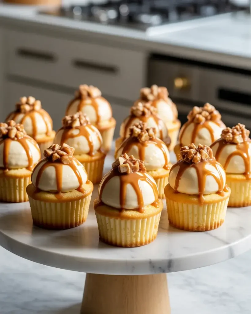 Finished caramel praline ice cream cupcakes ready to serve, showing glossy caramel and praline topping