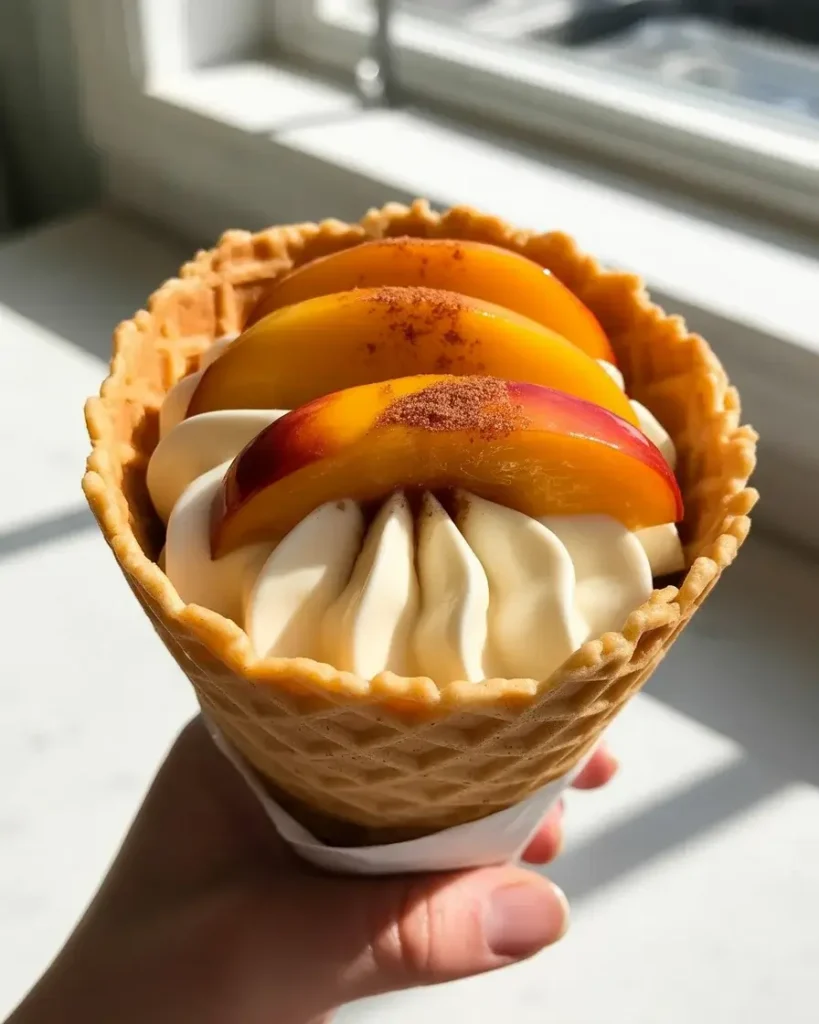 Finished cone topped with peaches, crumble, cinnamon dust, and fresh mint