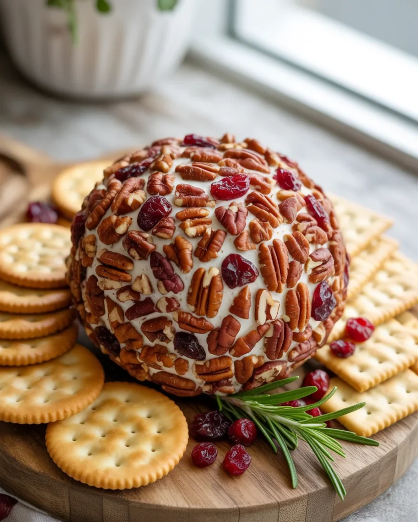 Finished cranberry pecan cheese ball plated with crackers, rosemary, and cranberry garnish
