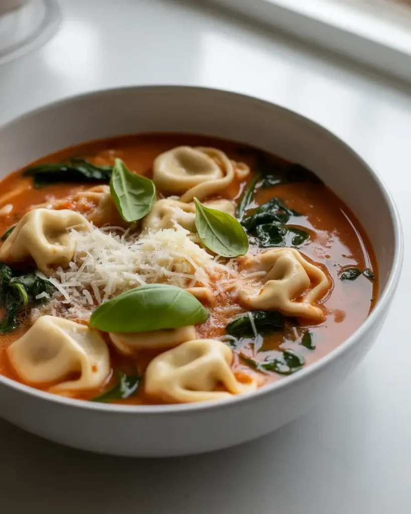 Finished creamy tomato tortellini soup served with Parmesan, fresh basil, and a drizzle of olive oil
