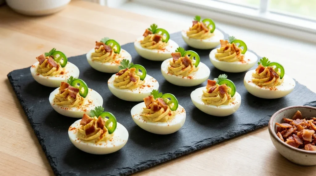 Finished deviled eggs garnished with bacon, jalapeno slices, and smoked paprika