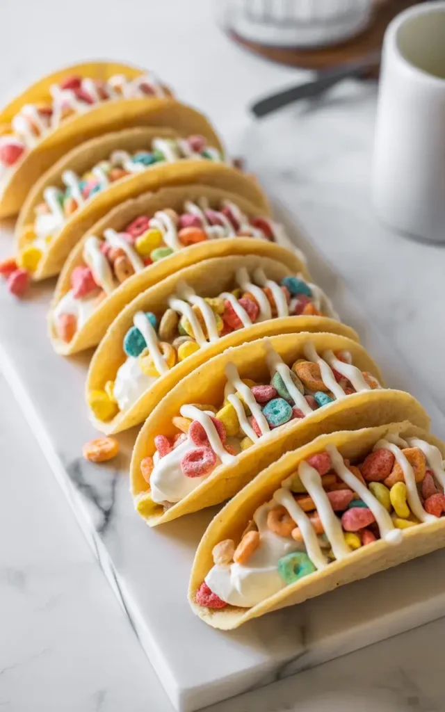  Finished fruity pebbles cheesecake tacos topped with rainbow cereal and white chocolate drizzle
