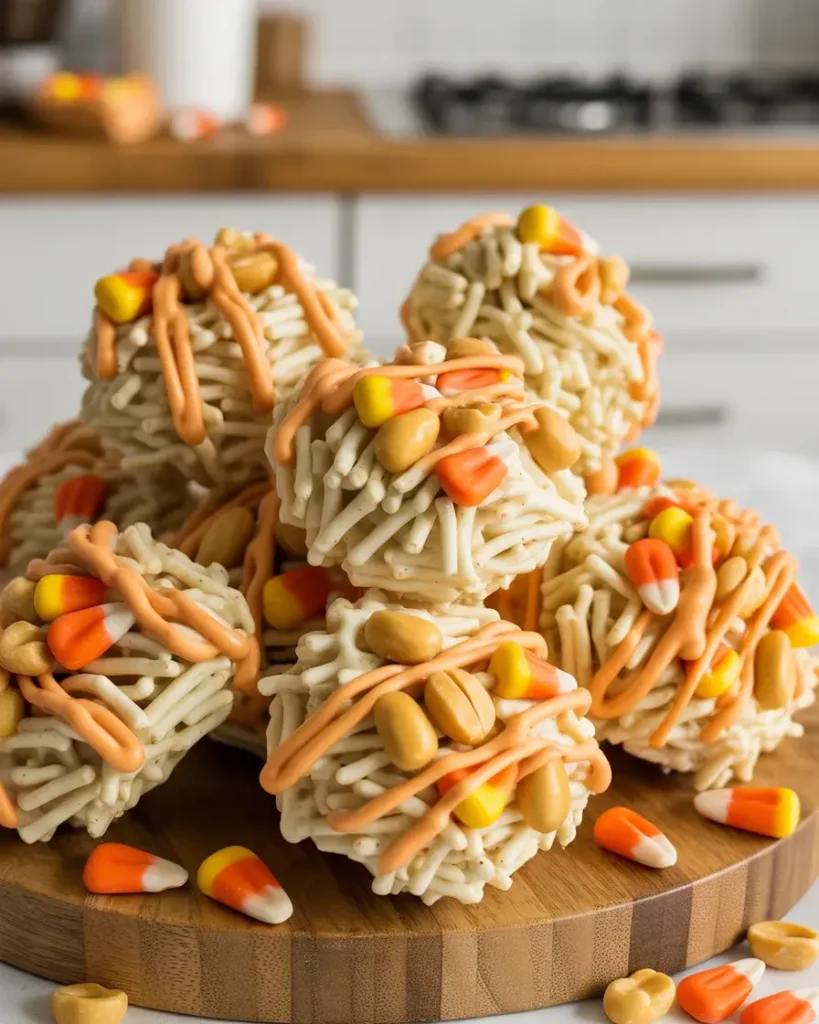 Finished haystacks with candy corn topping and orange drizzle, fully set and ready
