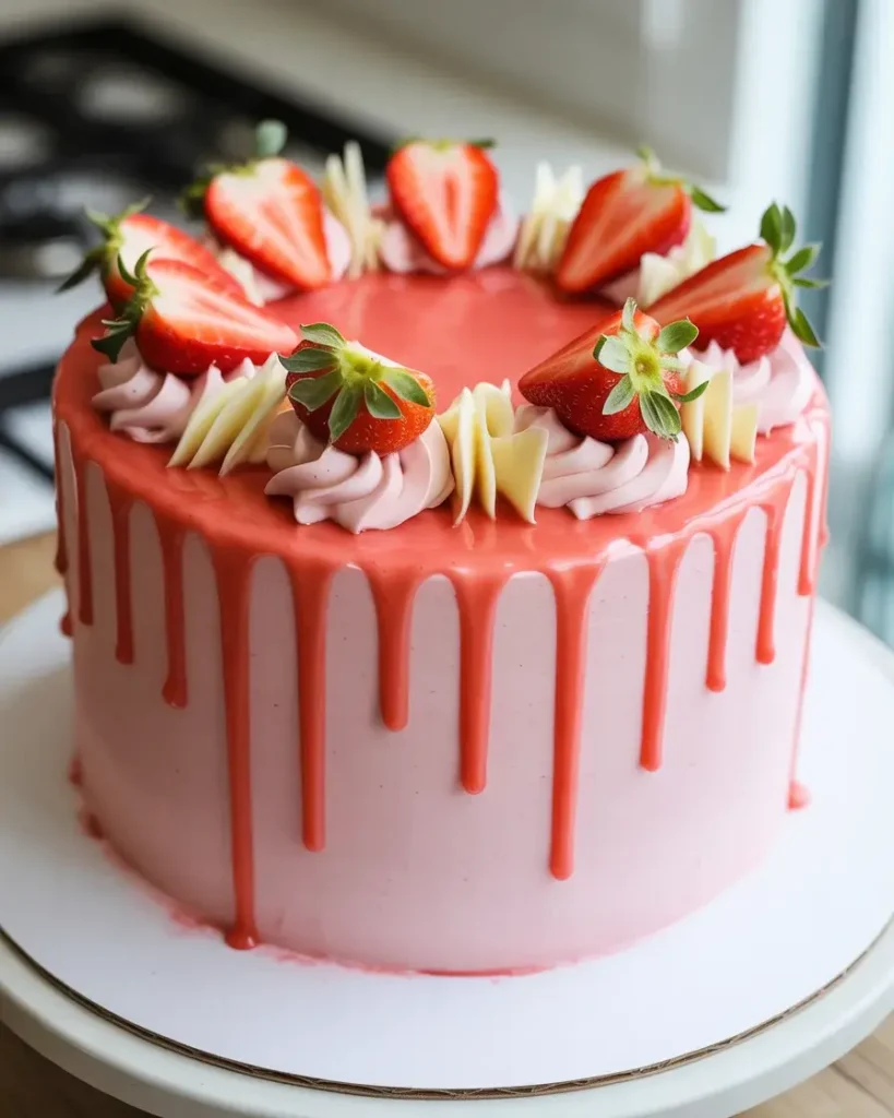 Finished strawberry drip cake with glossy pink ganache drips, fresh berries, and rosettes