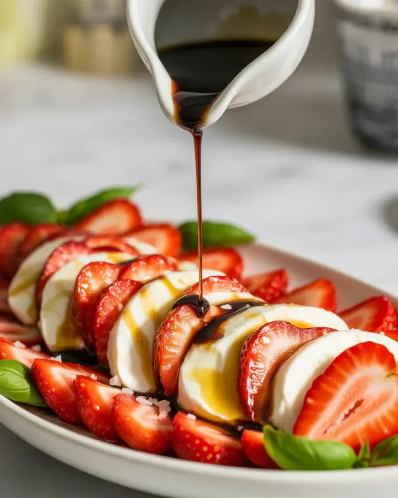 Finishing the strawberry caprese with a balsamic glaze drizzle and flaky sea salt