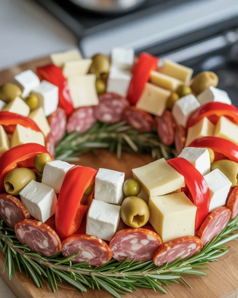 Finishing the wreath with basil, pepperoncini, and a drizzle of olive oil for a glossy final look