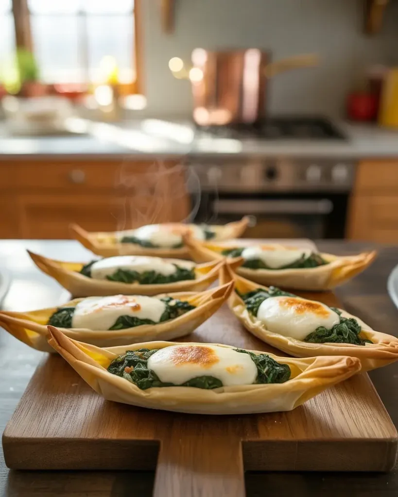 Flaky spinach and cheese pastry boats with a golden, bubbly top.