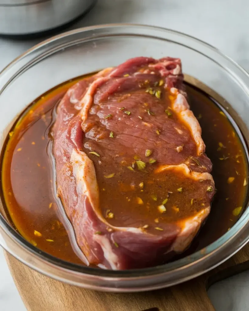 Flank steak marinating in smoky lime-cumin marinade for maximum flavor penetration