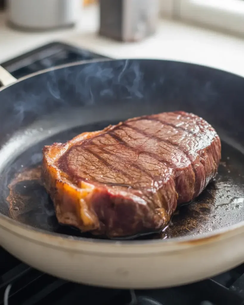 Flank steak searing in cast iron at high heat to form a deep, flavorful crust