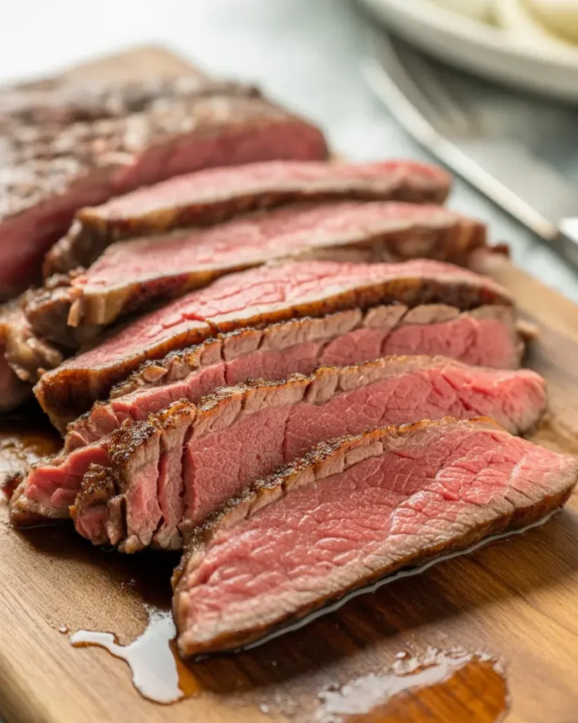 Flank steak sliced against the grain revealing a juicy medium-rare pink interior