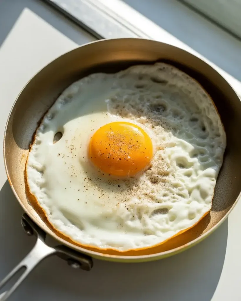 Flat fried egg with broken yolk cooked until edges turn golden