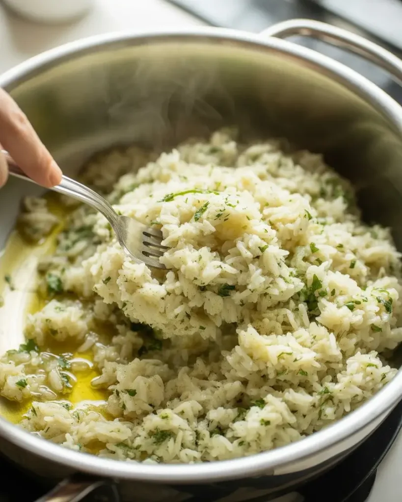 Fluffy cilantro-lime rice with fresh herbs and a squeeze of lime juiceFluffy cilantro-lime rice with fresh herbs and a squeeze of lime juice