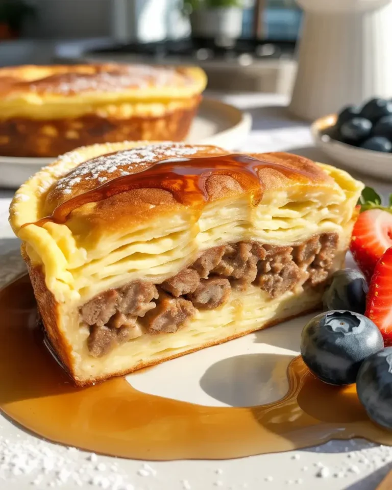 Fluffy pancake sausage breakfast casserole sliced to reveal golden layers - the ultimate morning bake