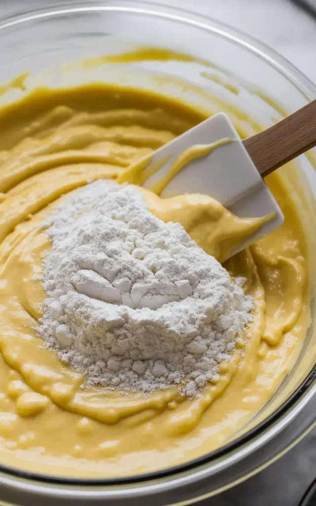 Fold flour gently by hand to keep the brownies tender and chewy
